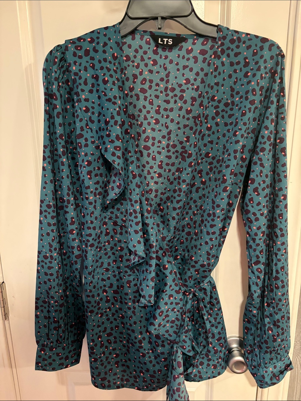 LTS Teal Wrap Blouse with Spot Print - Picture 2 of 3
